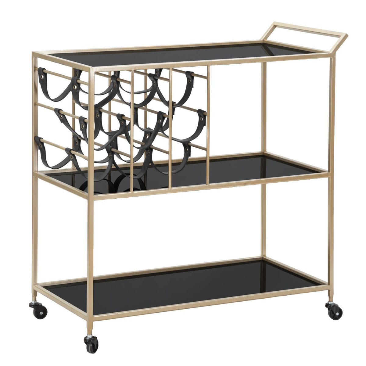 Carrelli in oro con supporti in vetro e portabottiglie, 3 ripiani per la casa bar con ripiani in vetro, carrelli in metallo per la cucina domestica, feste