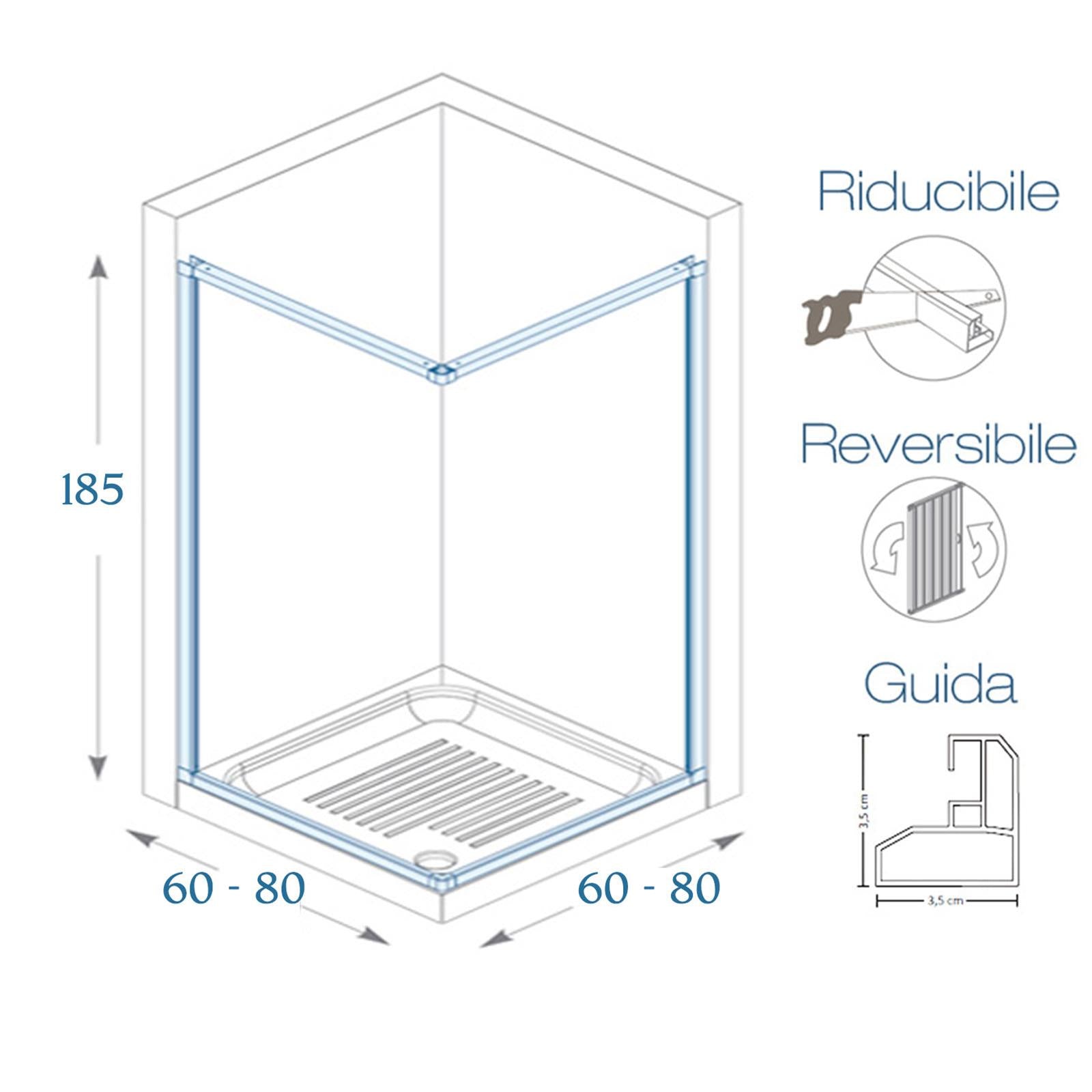 BOX DOCCIA ANGOLARE RICHIUDIBILE 80 X 80 BIANCO APERTURA A SOFFIETTO RIDUCIBILE SU MISURA
