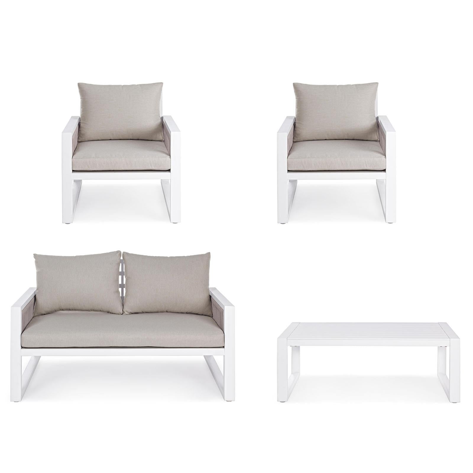 Salottino da giardino captiva bianco in alluminio con corde tortora