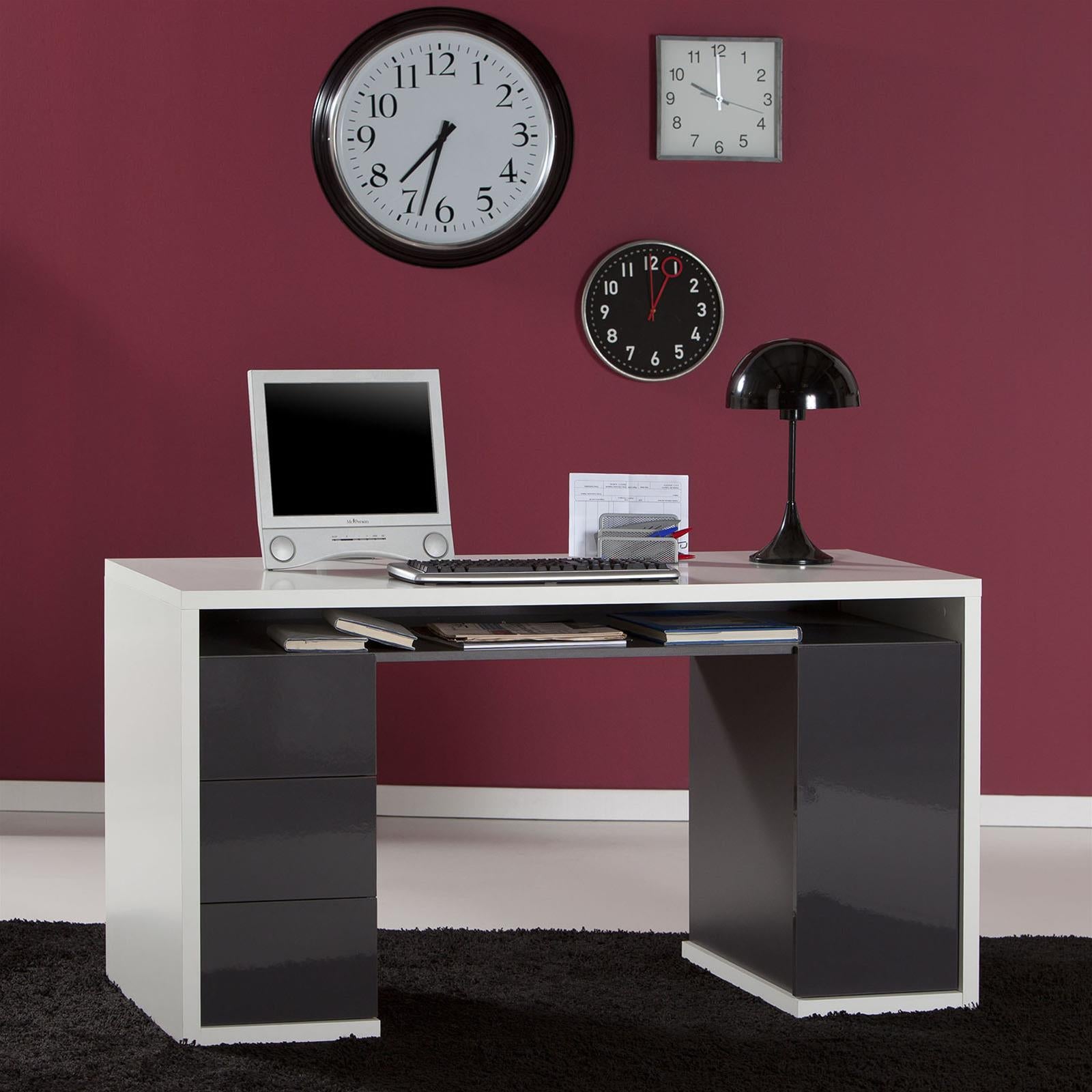 SCRIVANIA 140 CM CON CASSETTIERA LACCATA NERO LUCIDO DA UFFICIO E STANZETTA PORTA PC