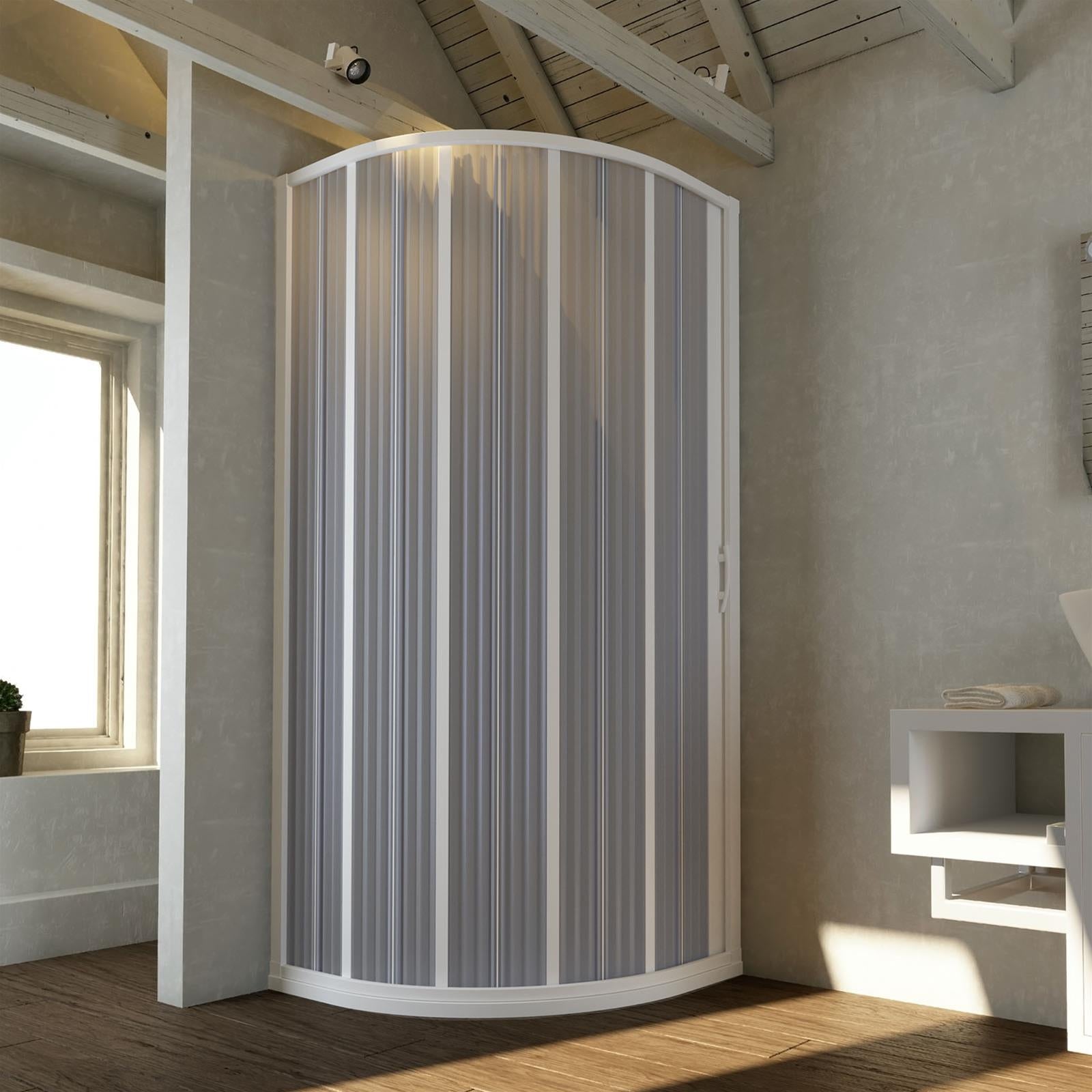 BOX DOCCIA CURVO RICHIUDIBILE 90-70 BIANCO APERTURA LATERALE CIRCOLARE A SOFFIETTO RIDUCIBILE SU MISURA