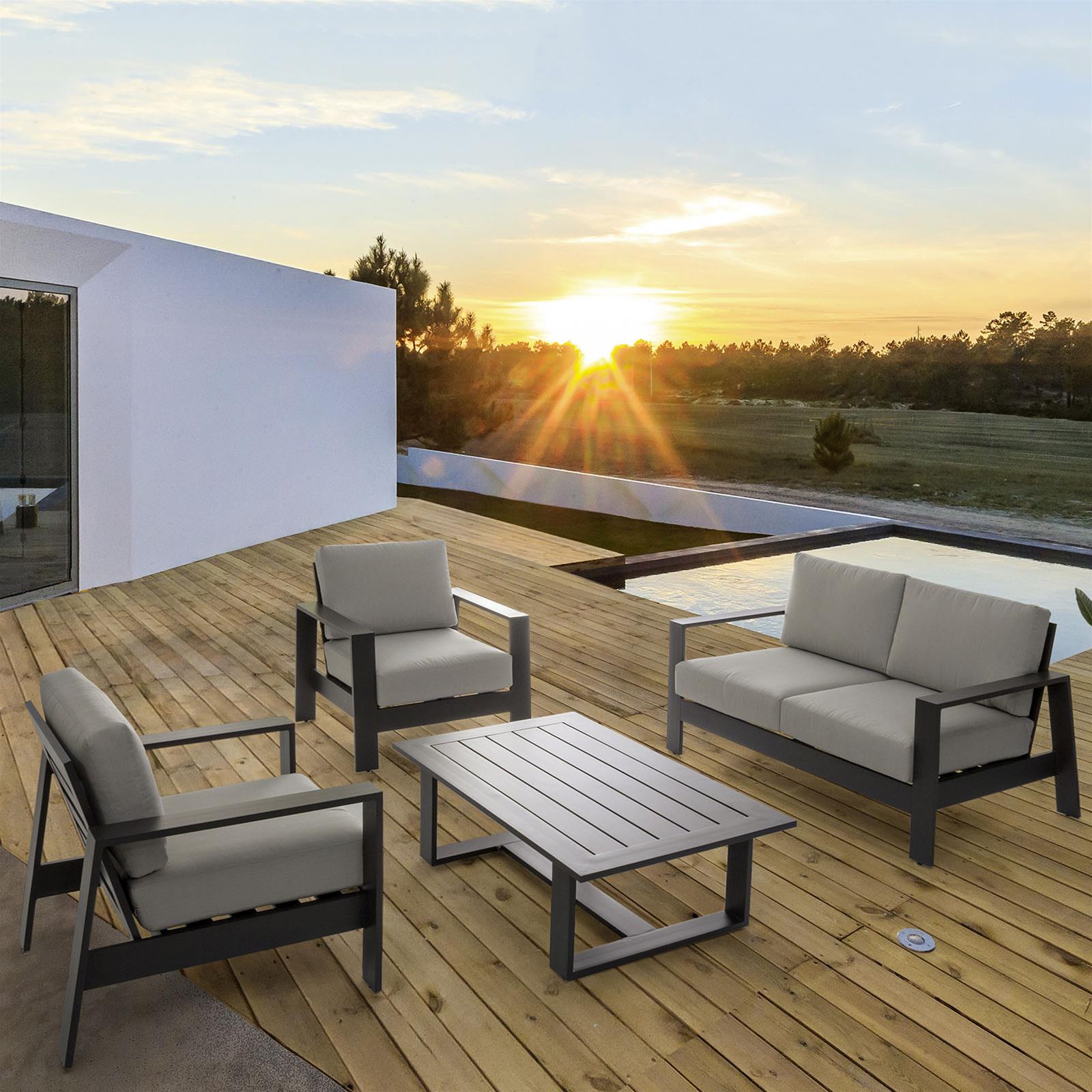 SALOTTINO ATLANTIC IN ALLUMINIO ANTRACITE DA GIARDINO PER ESTERNO SALOTTO VERANDA 4 PEZZI