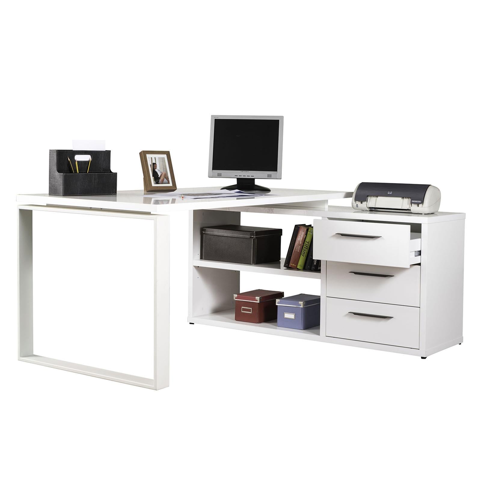 SCRIVANIA ANGOLARE CON CASSETTIERA BIANCO LACCATO DA UFFICIO 170 CM