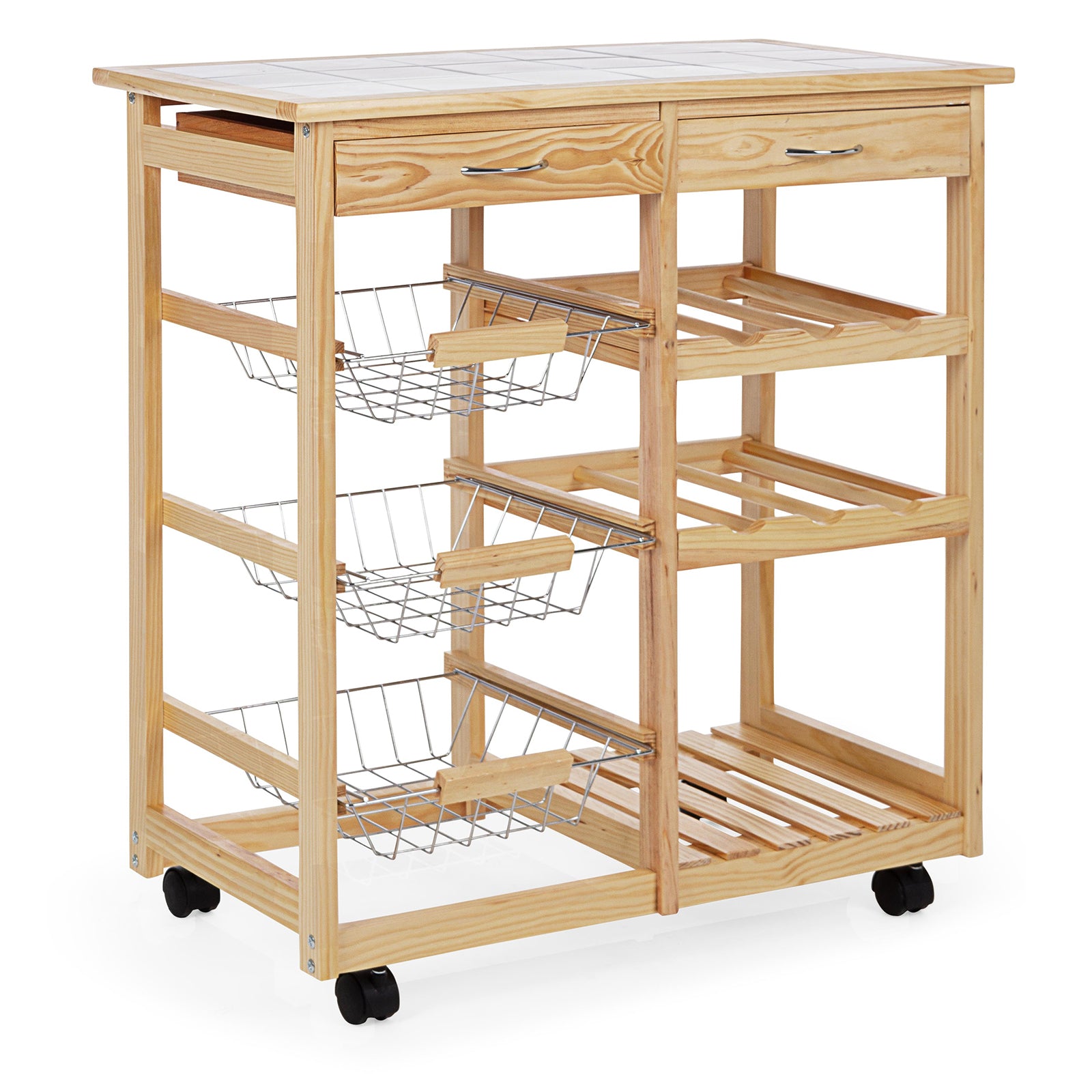 Carrello con ruote da cucina in Legno con 2 cassetti e 3 ceste portafr –